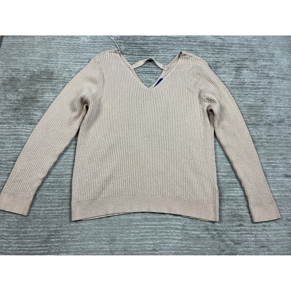 Simply Styled Sweater Womens XL Pink Metallic Ribbed V-Neck Back Cutout Shimmer